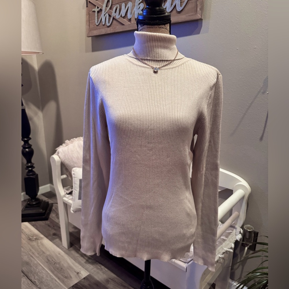 Stylish cream colored ribbed turtleneck sweater from GAP.